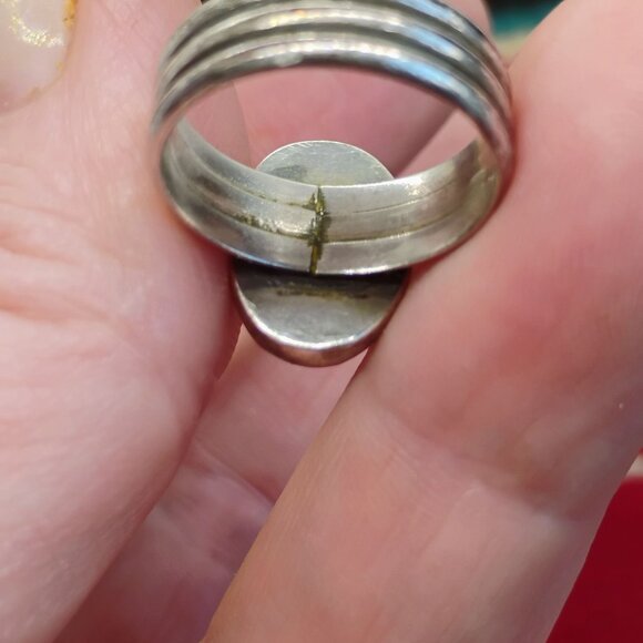 Vintage Native Made Malachite Ring Wide Sterling Silver Band Size 6 - Picture 4 of 7